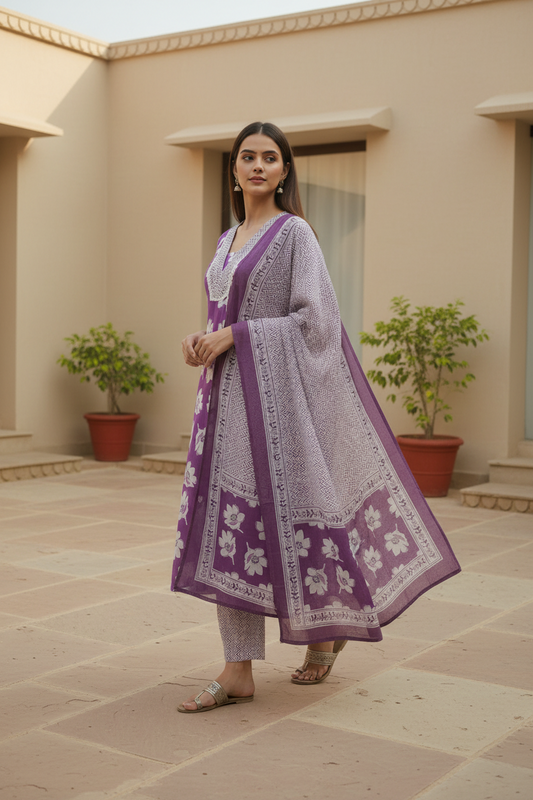 Purple  Floral Printed Cotton A Line Kurti Pant Dupatta sets