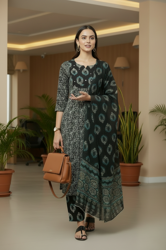 Black Floral Printed Cotton A Line Kurti Pant Dupatta sets