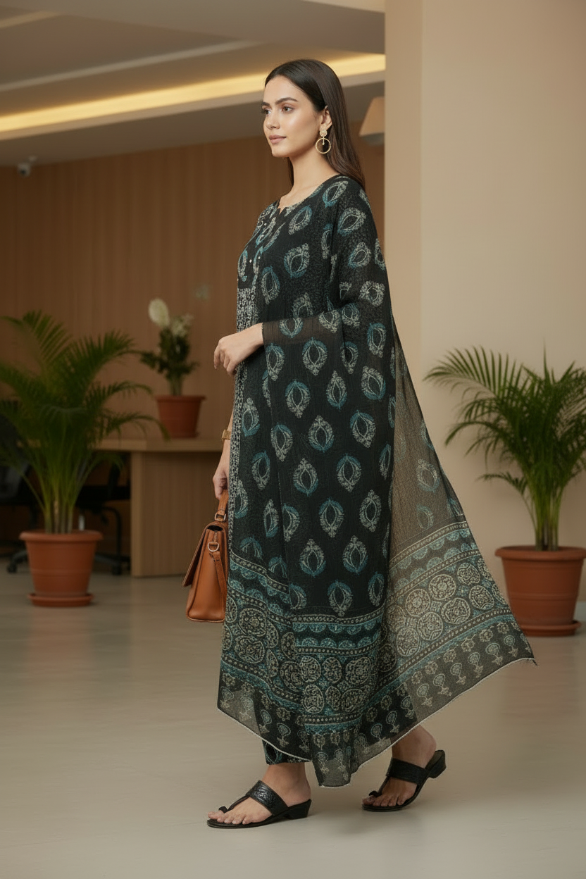 Black Floral Printed Cotton A Line Kurti Pant Dupatta sets