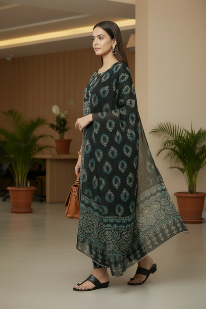 Black Floral Printed Cotton A Line Kurti Pant Dupatta sets