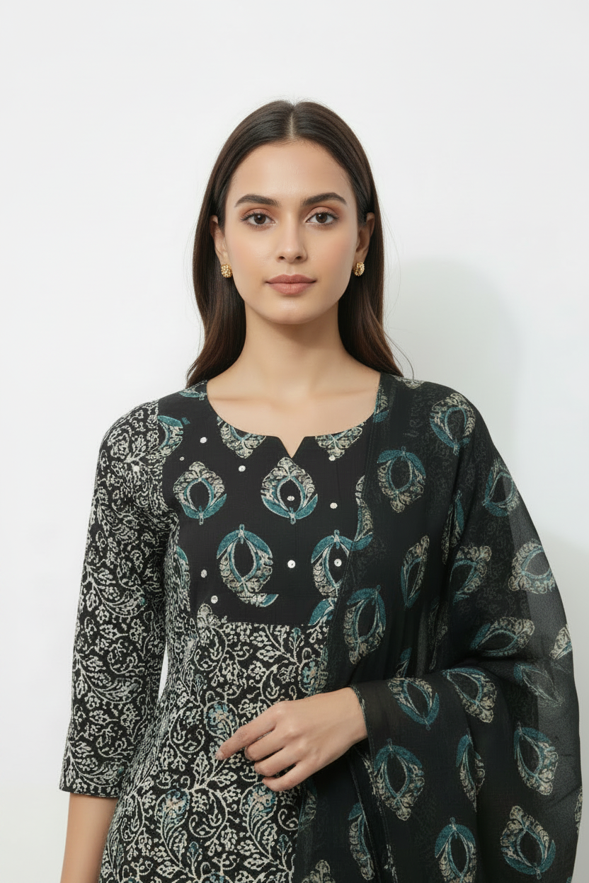 Black Floral Printed Cotton A Line Kurti Pant Dupatta sets
