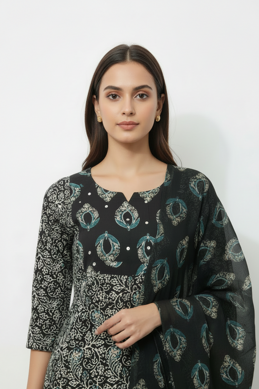 Black Floral Printed Cotton A Line Kurti Pant Dupatta sets
