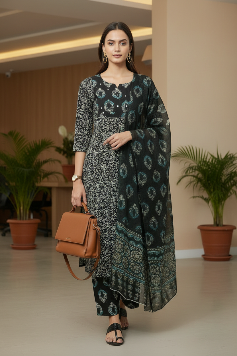 Black Floral Printed Cotton A Line Kurti Pant Dupatta sets