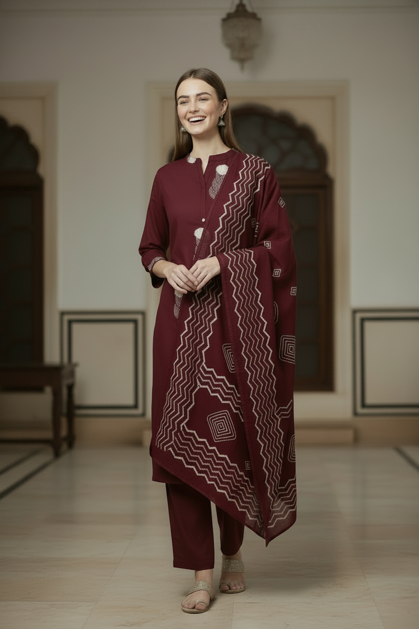 Maroon Floral Printed Cotton Flared Kurti Pant Dupatta sets