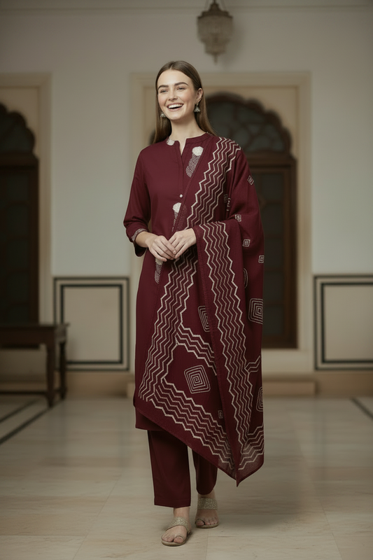 Maroon Floral Printed Cotton Flared Kurti Pant Dupatta sets