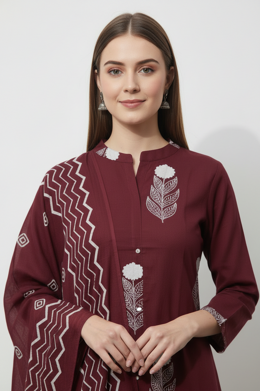 Maroon Floral Printed Cotton Flared Kurti Pant Dupatta sets