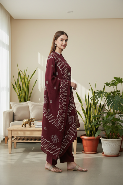 Maroon Floral Printed Cotton Flared Kurti Pant Dupatta sets