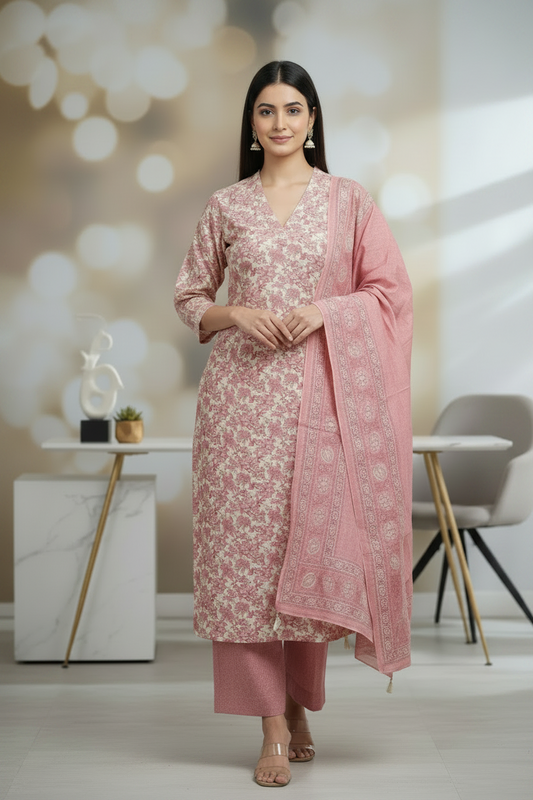 Peachy pink Floral Printed Chanderi Silk A Line Kurti Pant Dupatta set