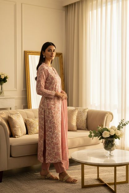 Peachy pink Floral Printed Chanderi Silk A Line Kurti Pant Dupatta set