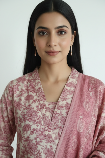 Peachy pink Floral Printed Chanderi Silk A Line Kurti Pant Dupatta set