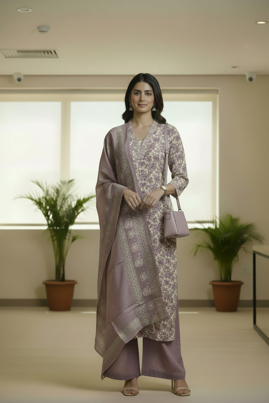 Lavender Floral Printed Chanderi Silk A Line Kurti Pant Dupatta set