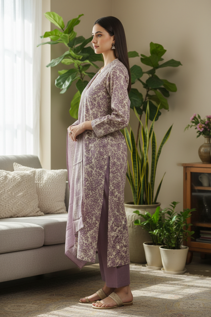 Lavender Floral Printed Chanderi Silk A Line Kurti Pant Dupatta set
