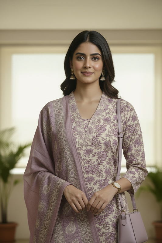 Lavender Floral Printed Chanderi Silk A Line Kurti Pant Dupatta set
