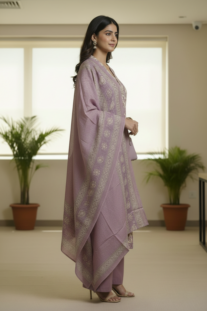 Lavender Floral Printed Chanderi Silk A Line Kurti Pant Dupatta set