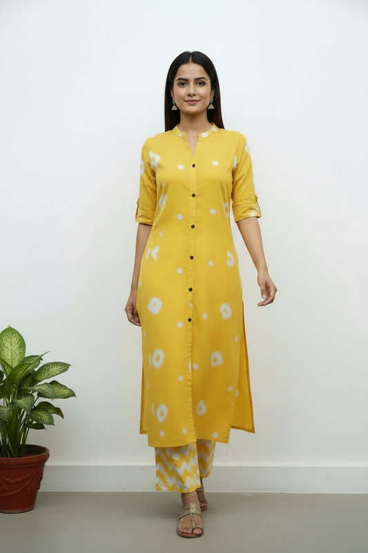 Lemon Yellow Solid Rayon Flared Kurti Pant Set