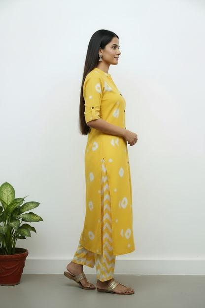 Lemon Yellow Solid Rayon Flared Kurti Pant Set
