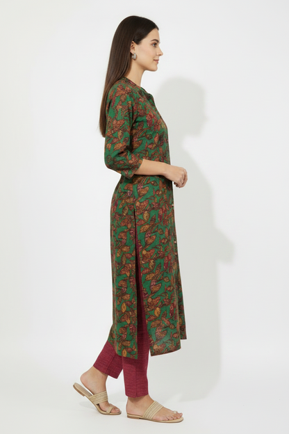 Dark Green Floral Printed A Line Kurti Pant Set