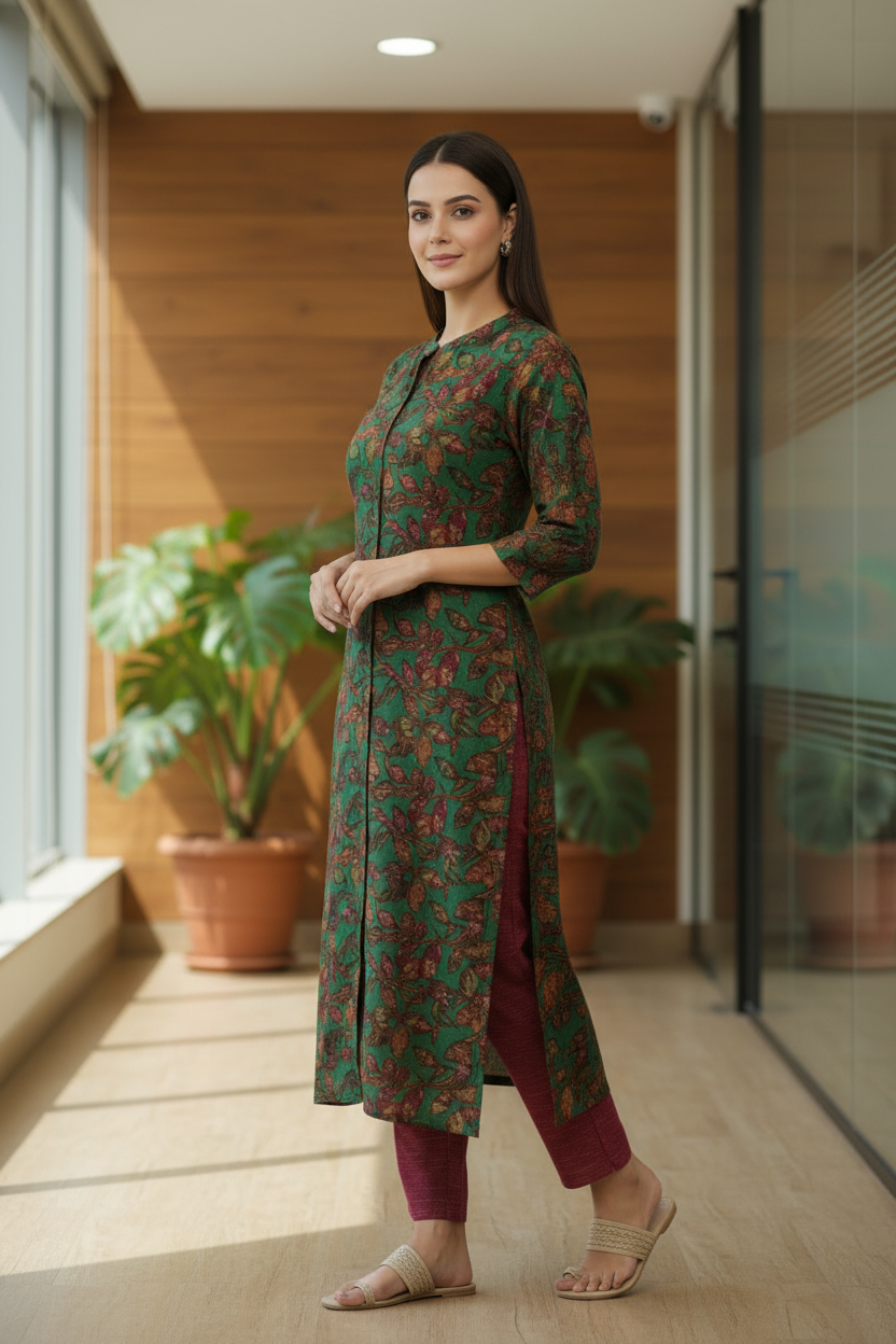 Dark Green Floral Printed A Line Kurti Pant Set