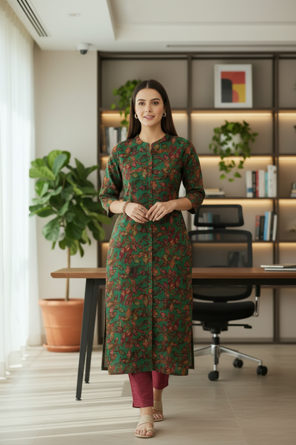 Dark Green Floral Printed A Line Kurti Pant Set