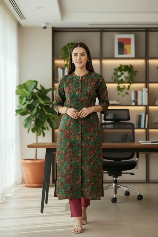 Dark Green Floral Printed A Line Kurti Pant Set