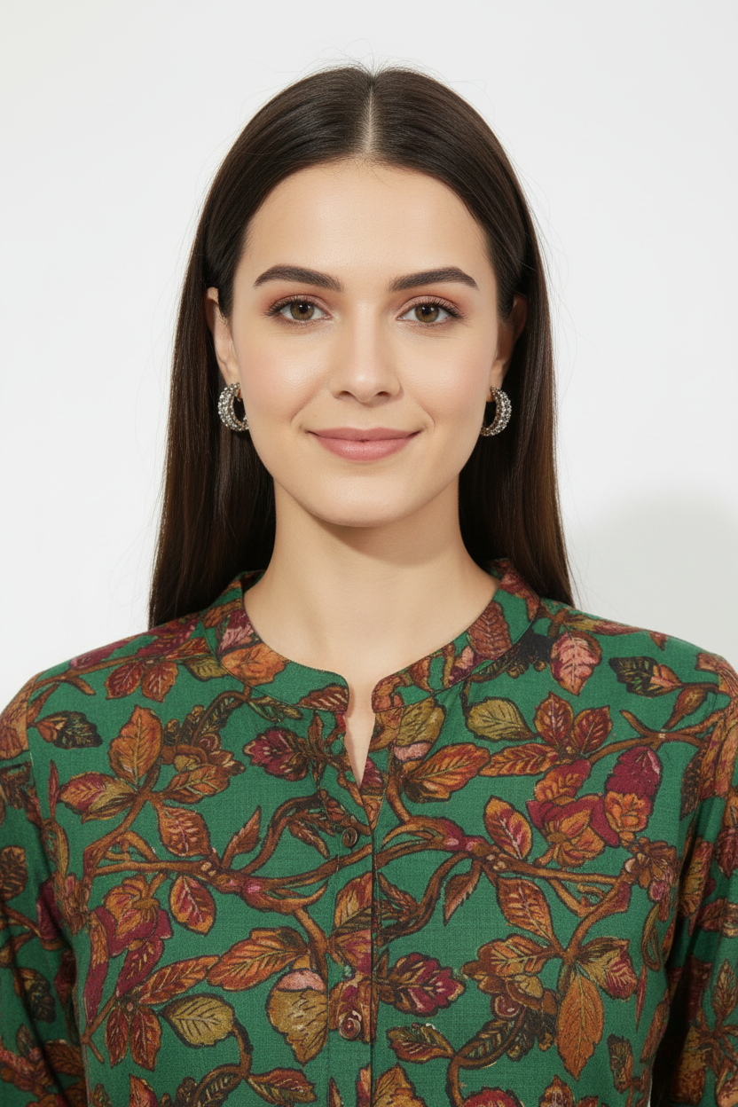 Dark Green Floral Printed A Line Kurti Pant Set