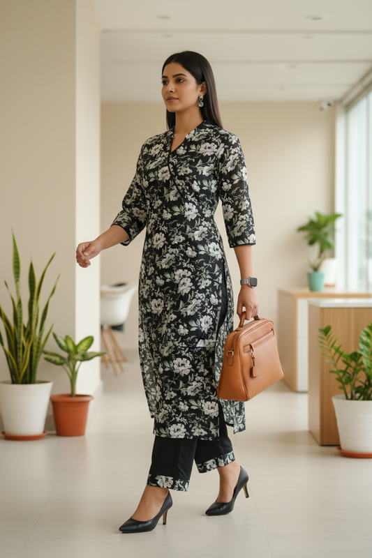 Black Floral Printed Cotton Straight Kurti Pant Set