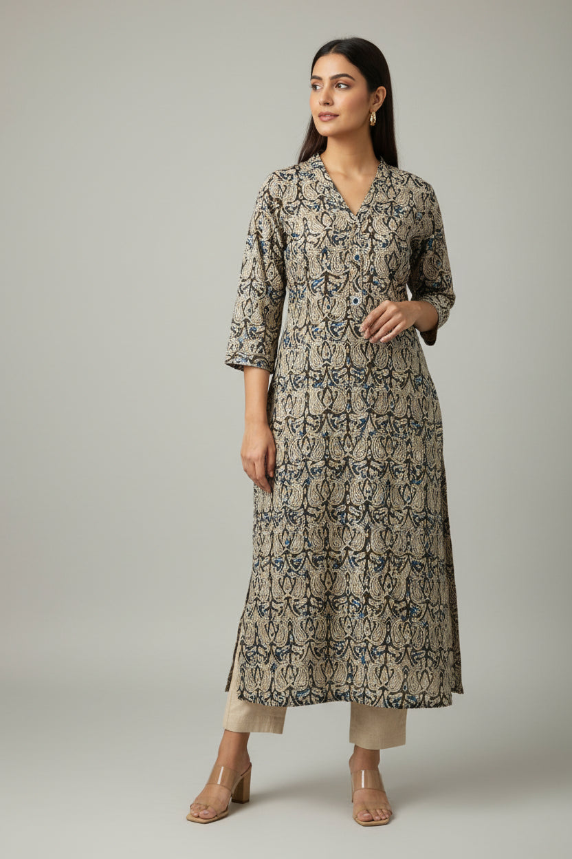 Beige Cotton Kalamkari Printed Straight Kurti