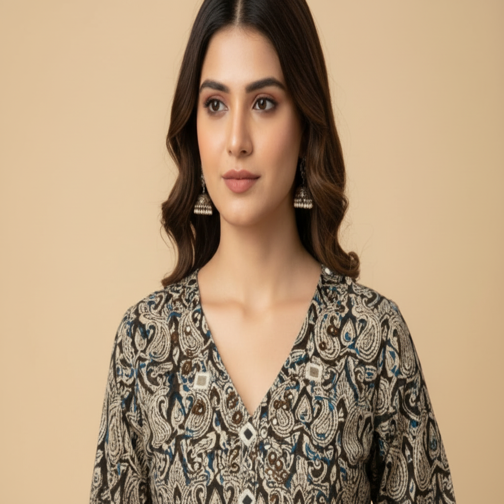 Beige Cotton Kalamkari Printed Straight Kurti