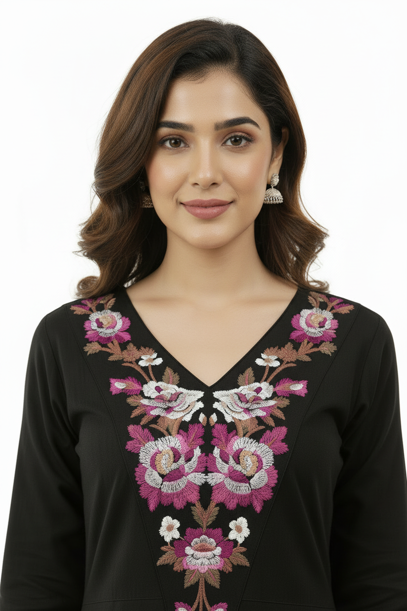 Black embroidered Cotton A Line Kurti Set