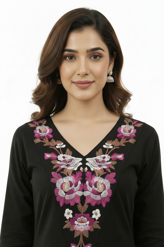 Black embroidered Cotton A Line Kurti Set