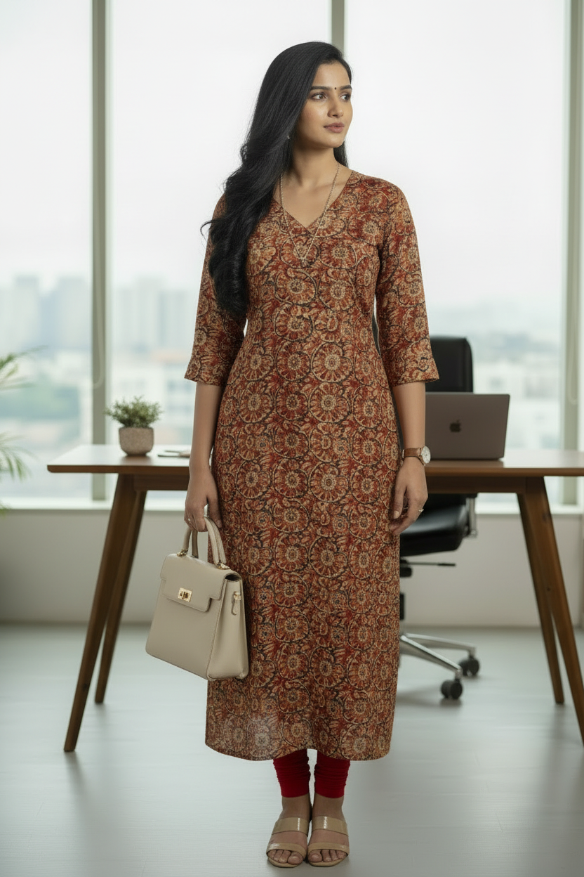 Brick Red Cotton Kalamkari Printed Straight Kurti