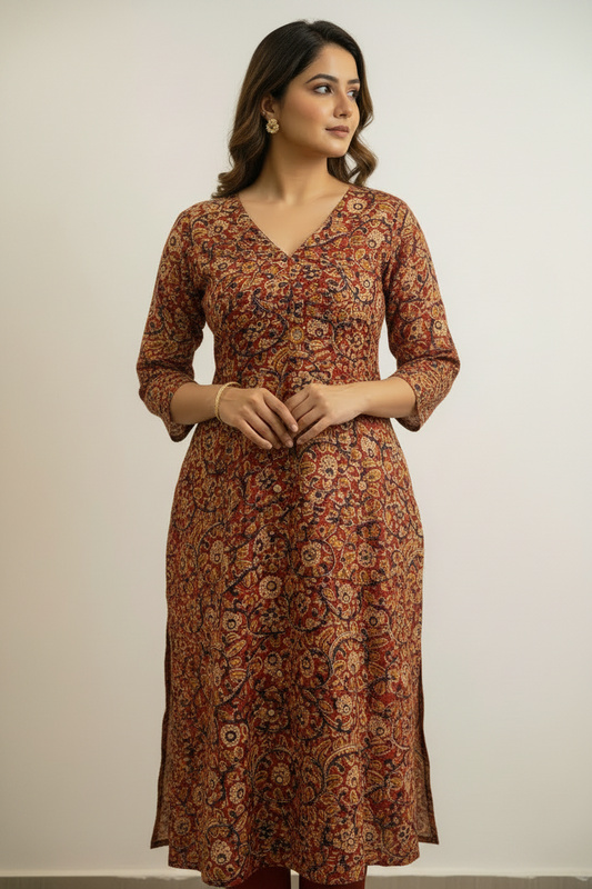 Brick Red Cotton Kalamkari Printed Straight Kurti